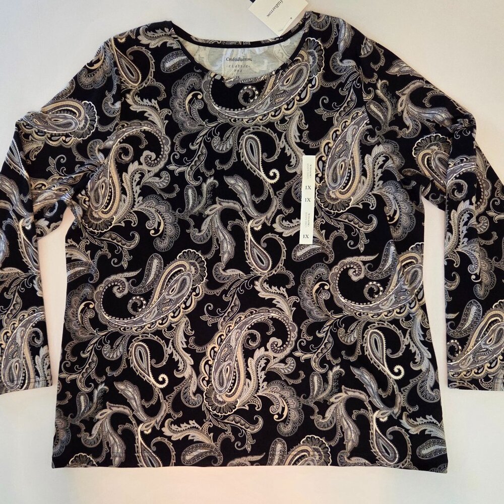 Croft & Barrow Classic Long Sleeve Paisley Print 100% Cotton Tee, Size 1X, NWT